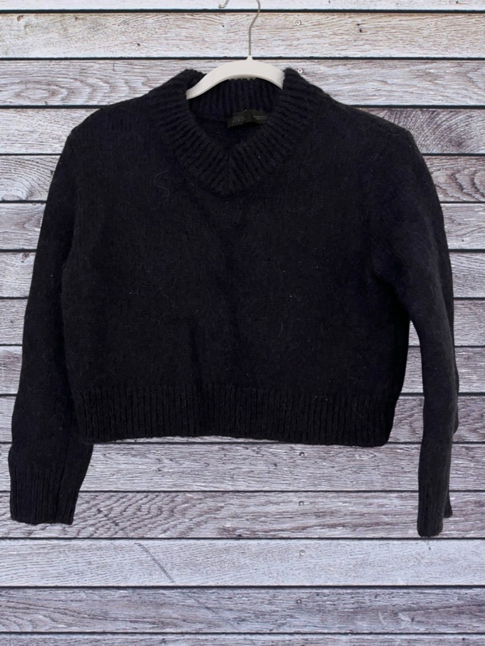 Zara Dark Navy  V‑Neck Women’s Cropped Alpaca Wool Sweater Size Small